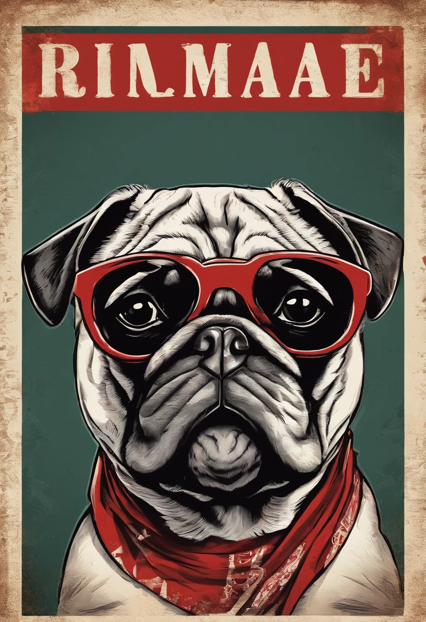 Pug, he wears a red bandana around his neck, Fashion glasses, famous brand cap, he has tattoos on his arm and chest (((cartazes, planfetos, adesivos, propaganda, revista.)))