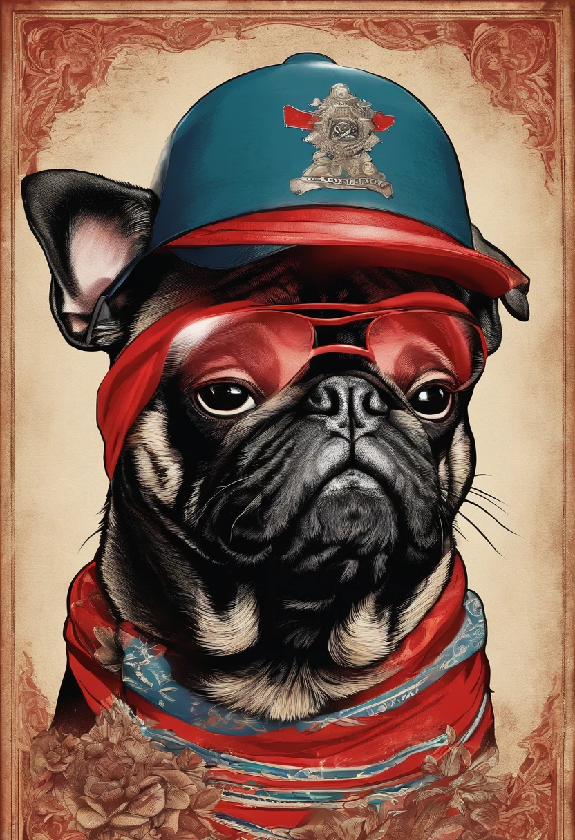 Pug, he wears a red bandana around his neck, Fashion glasses, famous brand cap, he has tattoos on his arm and chest (((cartazes, planfetos, adesivos, propaganda, revista.)))