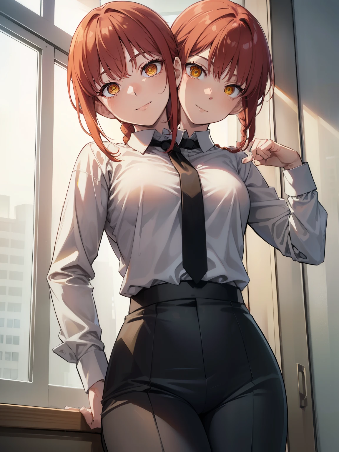 Makima, Makima, long hair, smile, bangs, (small breasts:1.2), (yellow eyes:1.2), (two_heads:1.3), braid, red hair, braided ponytail, ringed eyes, Shirt break, long sleeves, white shirt, tie, shirt turtleneck, trousers, black trousers, formal, suit, black tie, tucked-in shirt, office lady, BREAK-IN inside the house, office, break looking at the spectator, break (master piece: 1.2), best quality, very high resolution, Unity 8k wallpaper, (illustration:0.8), (beautiful eyes detailed:1.6), Extremely detailed face, perfect lighting, extremely detailed CG, (perfect hands, perfect anatomy),