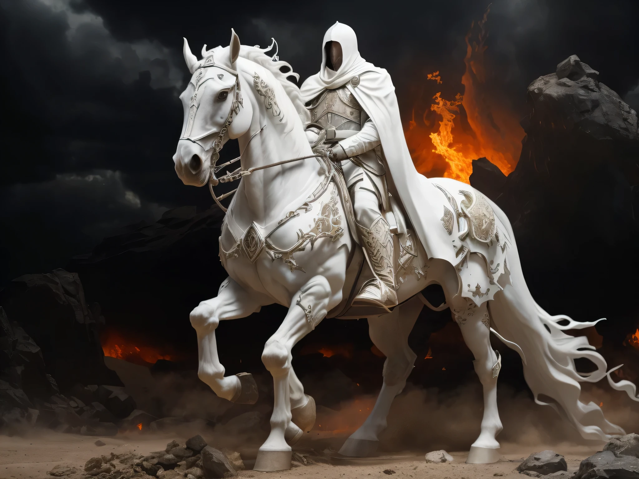 there is a statue of a man riding a horse in the desert, Cavaleiros do Apocalipse, O Terceiro Cavaleiro, vencedor do concurso central zbrush, Cavalo Guerreiro, vencedor do concurso zbrush, four Cavaleiros do Apocalipse, escultura de argila cgi, cavaleiro a cavalo, personagem de fantasia octane render, intricate Armadura Branca, Cavaleiro Esqueleto, Armadura Branca, fantasy style 8k octane rendering
