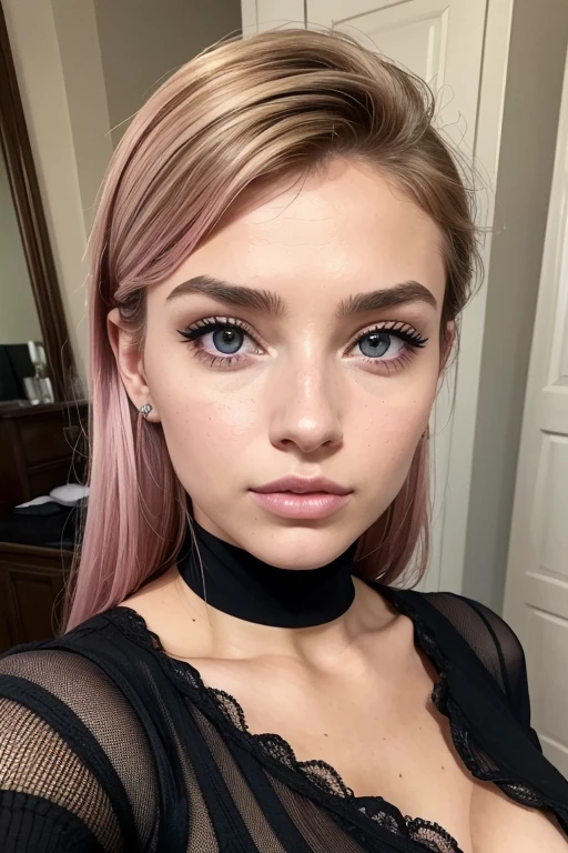 Belle fille, Marron_eyeeautiful mince adolescente de 18 ans, cheveux color [Brown highlights cheveux], [Pixie undercut] cheveux)), piercing nombril, lèvres, Réaliste, taille étroite, charmant, pink lèvrestick, maquillage coloré, Cils longs, boucles d’oreilles, porter de l’eye-liner, peau claire, (mignon), (face détaillée), Yeux détaillés, Iris détaillé, corp magnifique, corps athlétique, abdominaux prononcés sur l&#39, 