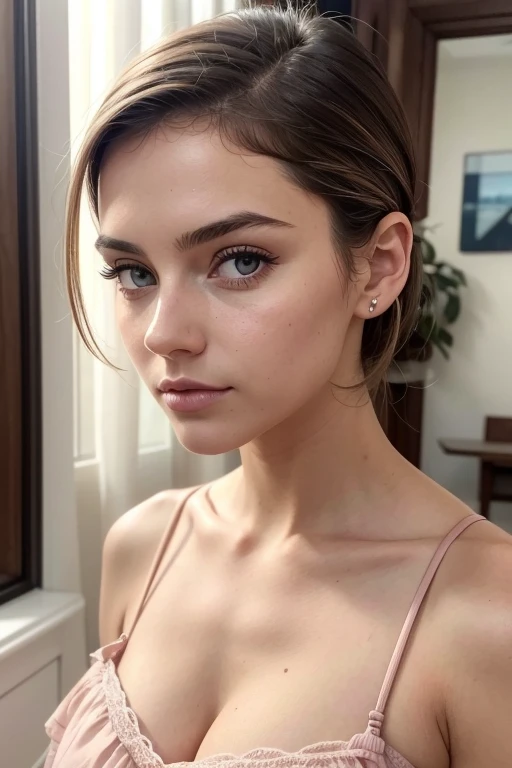 Belle fille, Marron_eyeeautiful mince adolescente de 18 ans, cheveux color [Brown highlights cheveux], [Pixie undercut] cheveux)), boucles d’oreilles, lèvres, Réaliste, taille étroite, charmant, pink lèvrestick, maquillage coloré, Cils longs, boucles d’oreilles, porter de l’eye-liner, peau claire, (mignon), (face détaillée), Yeux détaillés, Iris détaillé, corp magnifique, corps athlétique, abdominaux prononcés sur l&#39, pied ,à quatre patte, paris