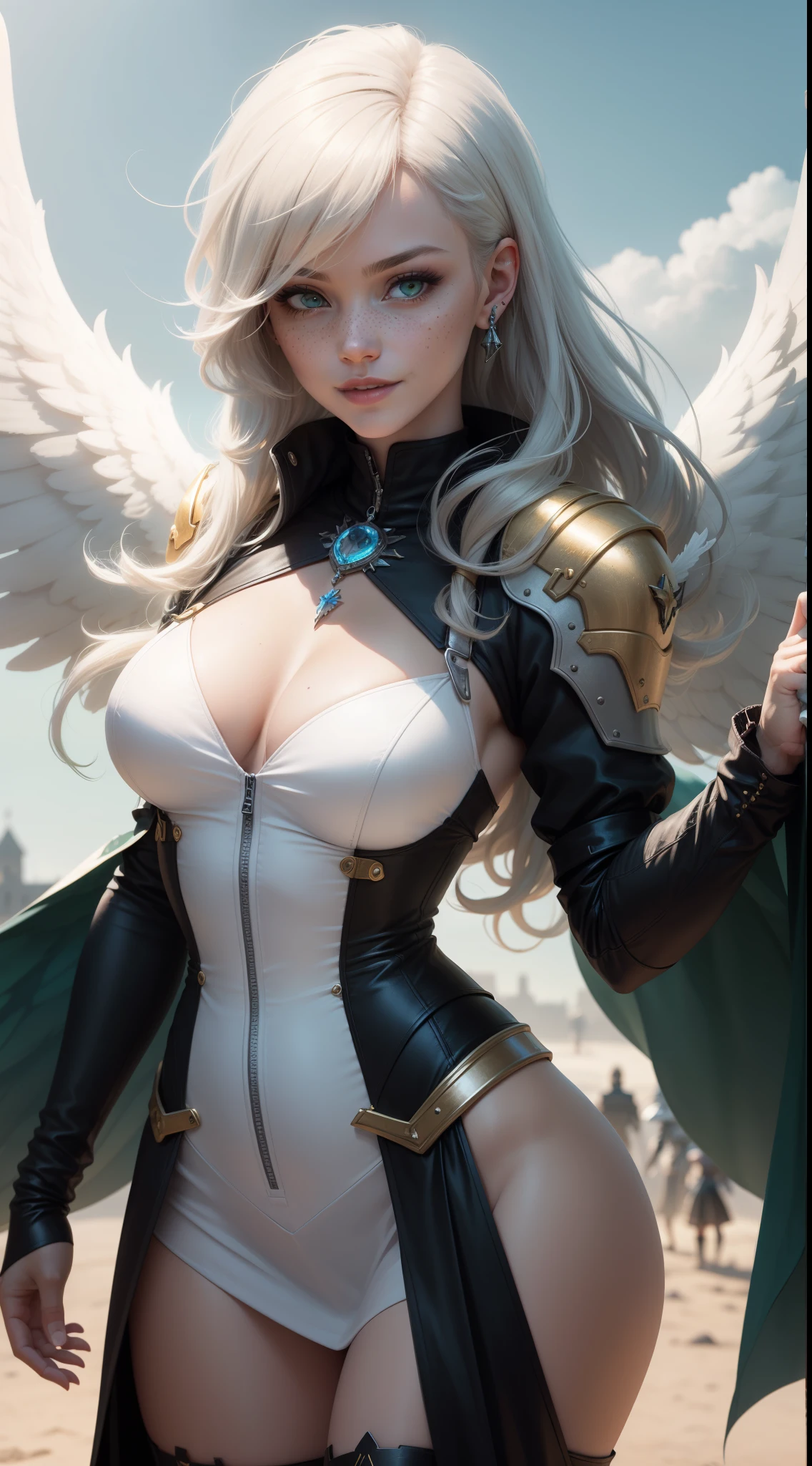 gwen tennyson,yorha 2b,tracer,claire farron, overwatch,atelier ryza,close up,heaven castle battle,tattoos,golden and white plugsuit,white short sleeve angel top,full short sleeve angel plate armor,long angel skirt,steel angel corset,long curly hair,punk makeup, green eyes,multicolored silver hair,long dress train,sexy smile,freckles,beautiful girl,thigh high angel boots,large breasts,8k,ultra detailed, realistic,fantasy art,angel uniform,angel tunic dress,hair pin,ear piercings,golden crystal hand and neck jewelry,(weather:windy),1girl,long golden angel coat,holding a angel spear,big angel wings,