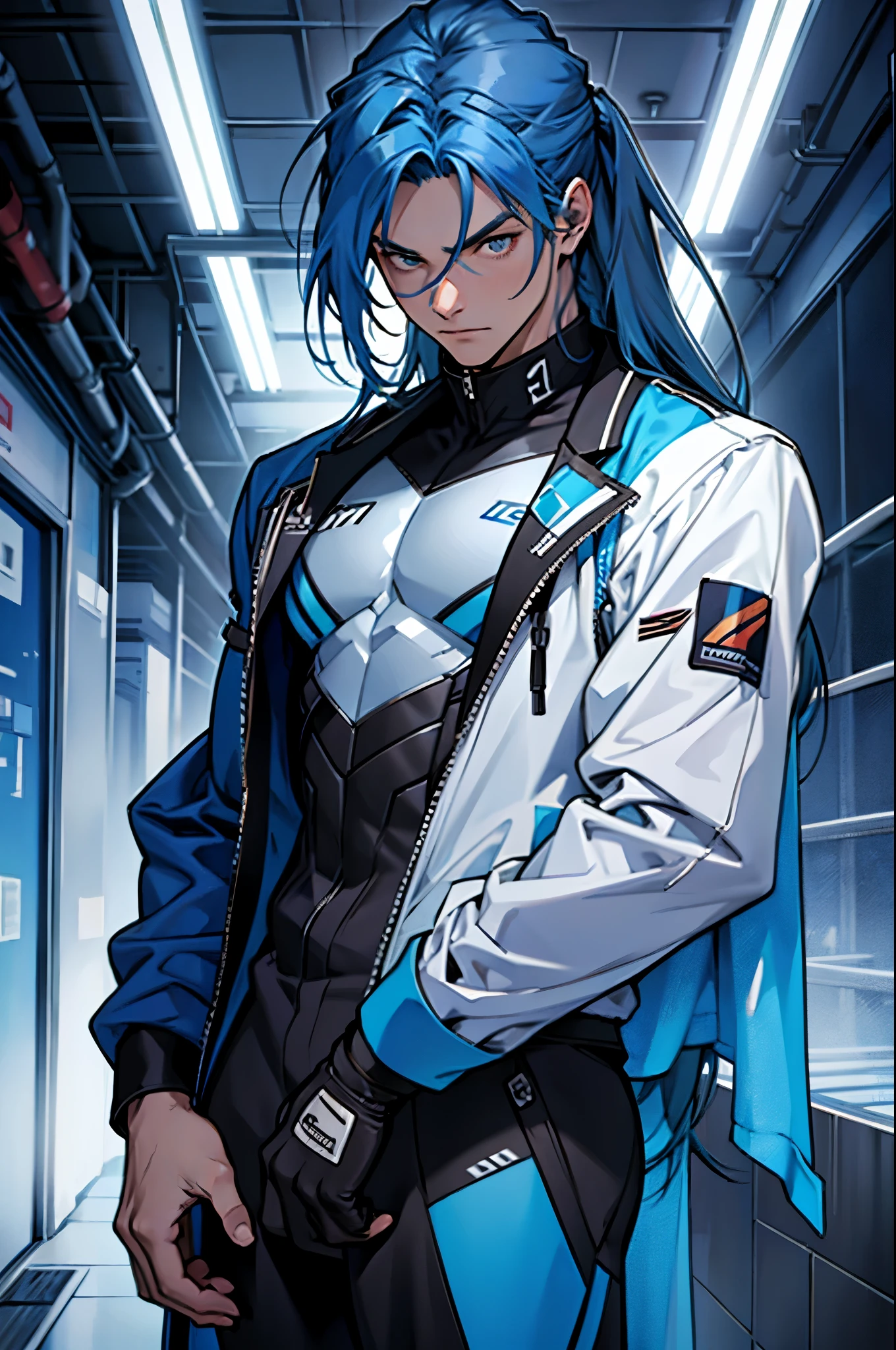 4k, Super Graphics, boy, solo, blue hair, long hair, crazy look, gallant suit, 17 years, lean, 150 cm height