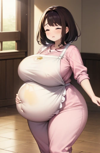 sleeping adult, actual, high quality, she is wearing short pants, Tight pajamas, Pink pajamas, abdomen, soft light, Naturally true, 1 lady, very curvy, huge breasts, shortcut, mother's, Thick body,bbw、big ass、A black-haired one、High、fat、pregnant woman、white apron、floor、sleep