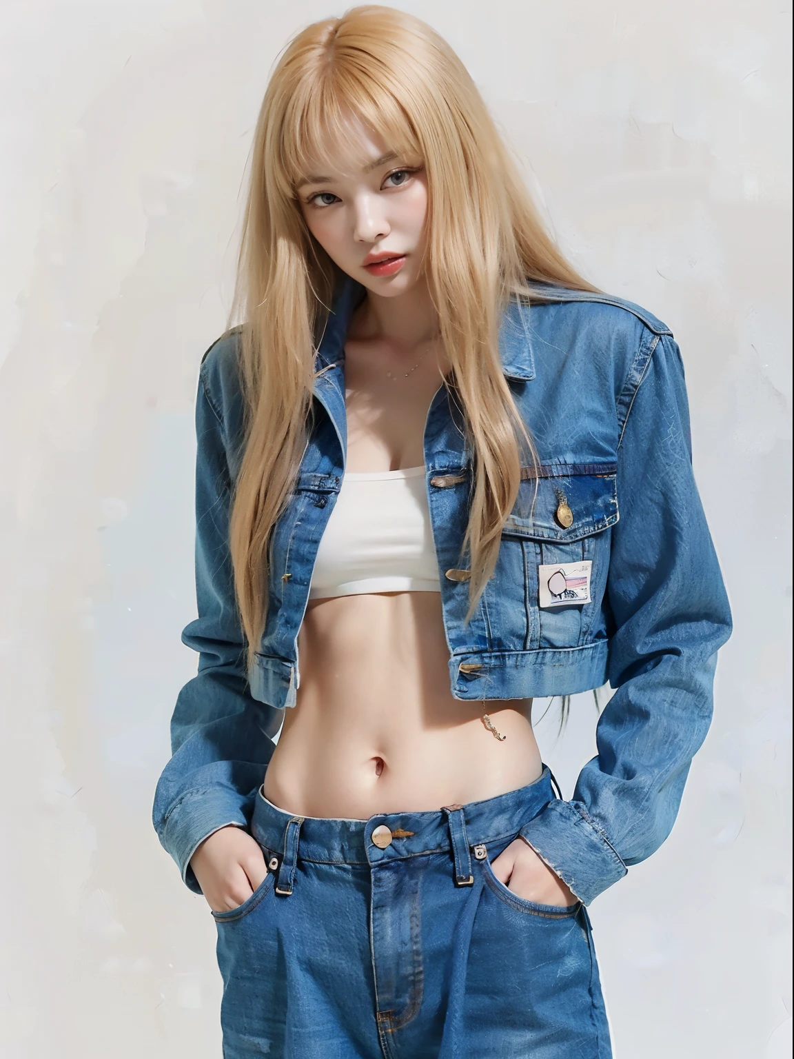 Jennie Kim a close up of a woman in a chaqueta de jean and jeans, Jennie Kim de blackpink, foto de chica delgada model, chaqueta de jean, mezclilla, mezclilla jacket, estilo y2k, estilo y2k, the smallest abdomen ever seen, wearing mezclilla, 2 4 year old female model, foto de chica delgada, physicist : the smallest abdomen ever seen