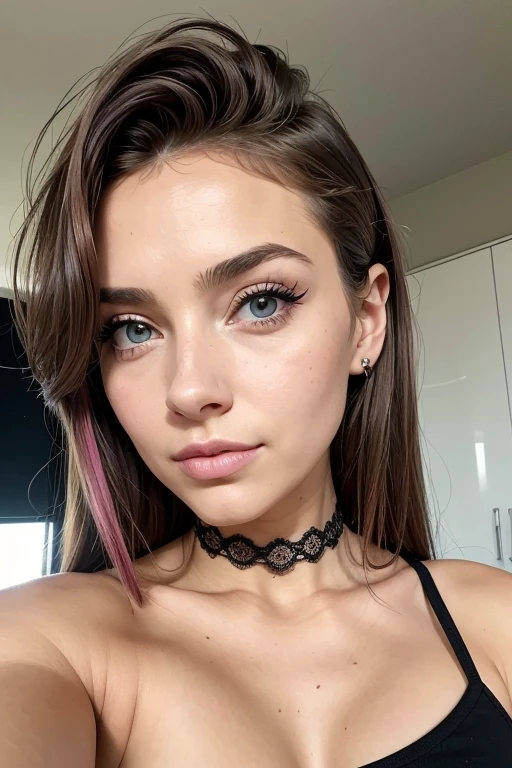 Belle fille, Marron_eyeeautiful mince adolescente de 18 ans, cheveux color [Brown highlights cheveux], [Pixie undercut] cheveux)), piercing nombril, lèvres, Réaliste, taille étroite, charmant, pink lèvrestick, maquillage coloré, Cils longs, boucles d’oreilles, porter de l’eye-liner, peau claire, (mignon), (face détaillée), Yeux détaillés, Iris détaillé, corp magnifique, corps athlétique, abdominaux prononcés sur l&#39, 