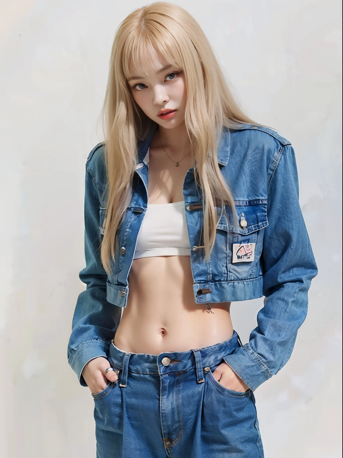 Jennie Kim a close up of a woman in a chaqueta de jean and jeans, Jennie Kim de blackpink, foto de chica delgada model, chaqueta de jean, mezclilla, mezclilla jacket, estilo y2k, estilo y2k, the smallest abdomen ever seen, wearing mezclilla, 2 4 year old female model, foto de chica delgada, physicist : the smallest abdomen ever seen