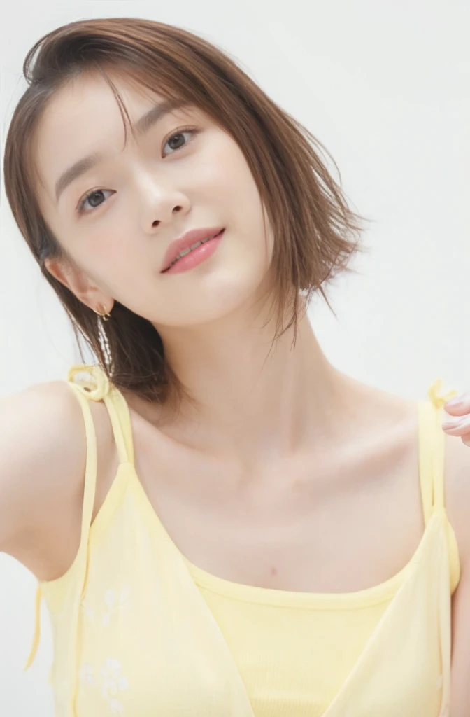 (on the table, best quality, realistically, Super detailed, meticulous, high resolution, 8k wallpaper), Close-up portrait of a beautiful woman, Chariada, smiling, light brown messy hair, Perfect dynamic composition, 美丽meticulous的眼睛, Just like the cover of a fashion magazine, on campus