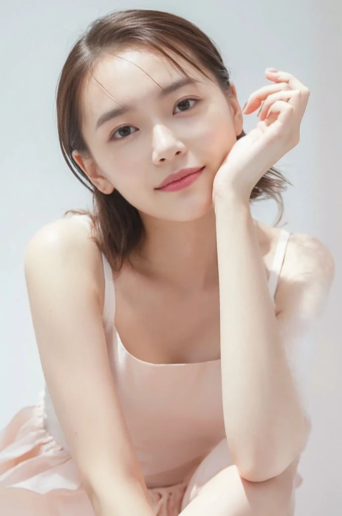 (on the table, best quality, realistically, Super detailed, meticulous, high resolution, 8k wallpaper), Close-up portrait of a beautiful woman, Chariada, smiling, light brown messy hair, Perfect dynamic composition, 美丽meticulous的眼睛, Just like the cover of a fashion magazine, on campus