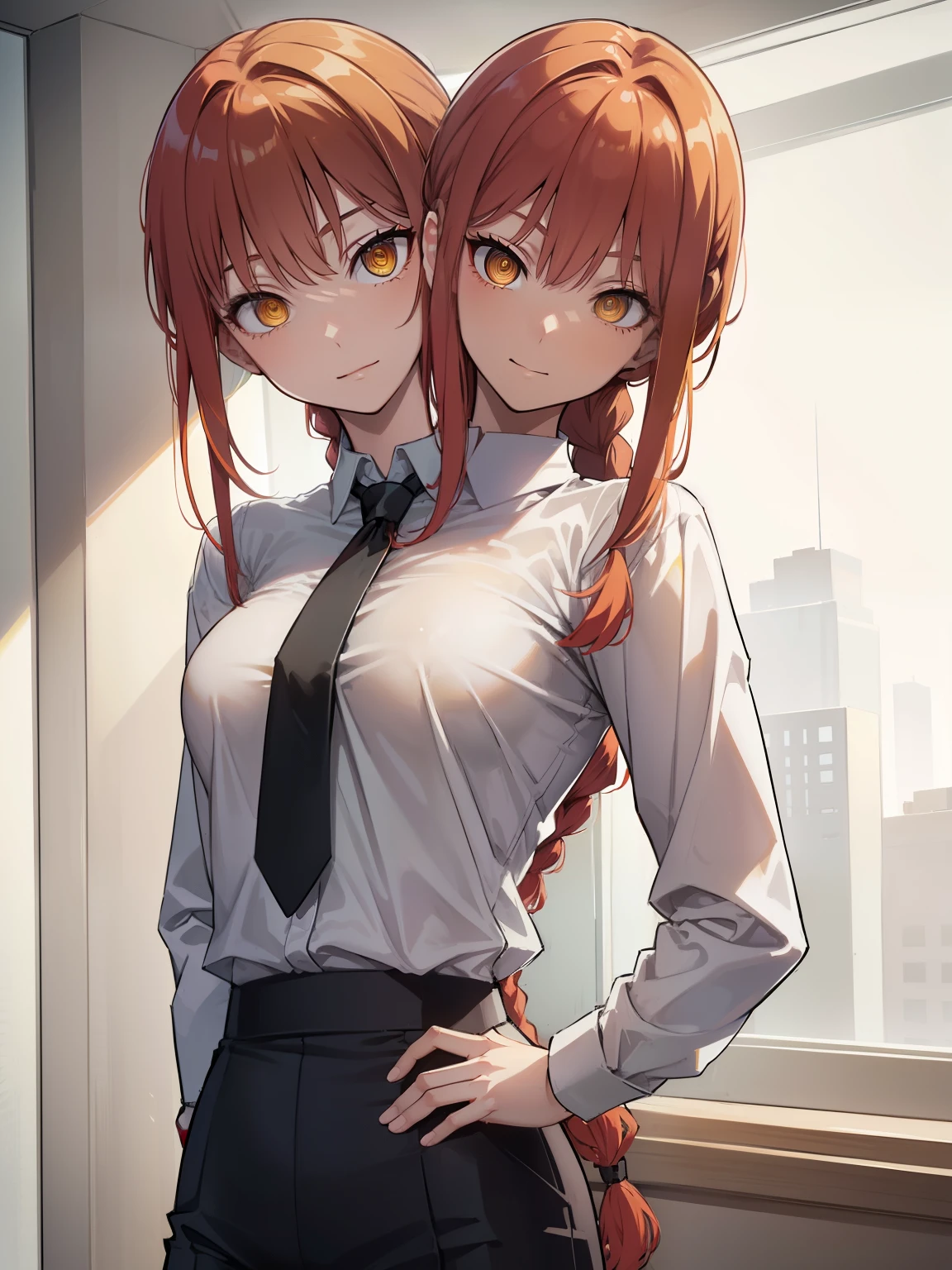 Makima, Makima, long hair, smile, bangs, (small :1.2), (yellow eyes:1.2), (two_heads:1.3), braid, red hair, braided ponytail, ringed eyes, Shirt break, long sleeves, white shirt, tie, shirt turtleneck, trousers, black trousers, formal, suit, black tie, tucked-in shirt, office lady, BREAK-IN inside the house, office, break looking at the spectator, break (master piece: 1.2), best quality, very high resolution, Unity 8k wallpaper, (illustration:0.8), (beautiful eyes detailed:1.6), Extremely detailed face, perfect lighting, extremely detailed CG, (perfect hands, perfect ),