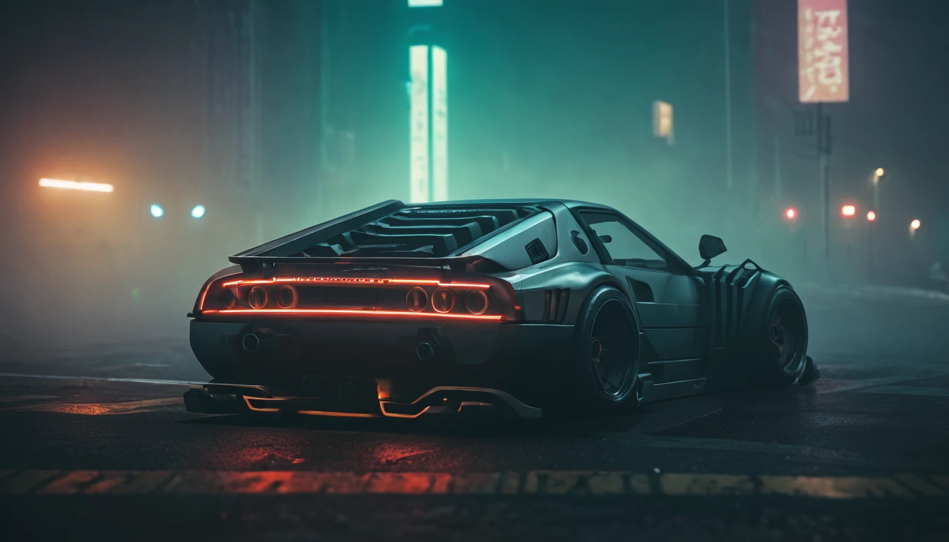 (intrincated details:1.2), (photorealistic), (masterpiece), (photography), cinematic lighting, cyberpunk city, fog, futuristic car, ground vehicle, motor vehicle, no humans, scenery, solo, vehicle focus, night time, front quarter