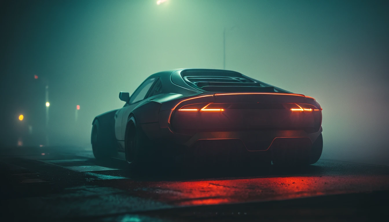 (intrincated details:1.2), (photorealistic), (masterpiece), (photography), cinematic lighting, cyberpunk city, fog, futuristic car, ground vehicle, motor vehicle, no humans, scenery, solo, vehicle focus, night time, front quarter