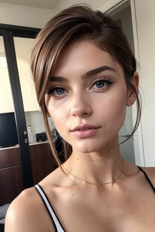 Belle fille, Marron_eyeeautiful mince adolescente de 18 ans, cheveux color [Brown highlights cheveux], [Pixie undercut] cheveux)), boucles d’oreilles, lèvres, Réaliste, taille étroite, charmant, pink lèvrestick, maquillage coloré, Cils longs, boucles d’oreilles, porter de l’eye-liner, peau claire, (mignon), (face détaillée), Yeux détaillés, Iris détaillé, corp magnifique, corps athlétique, abdominaux prononcés sur l&#39, pied ,à quatre patte, paris