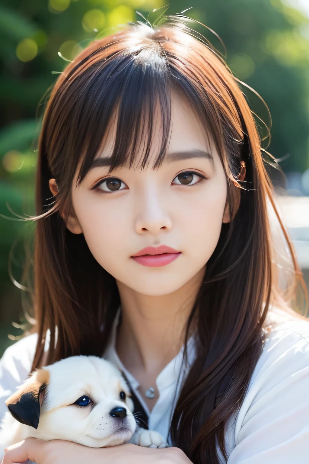 (((best image quality、highest quality、At 32K、ticker、RAW photo、very clear image、very clear image quality、pieces fly, highest quality: 1.4、,dream,the soul shines、Super detailed, figure, close up of breasts, looks slutty,  )))、table top, 1 girl, 21 years old, RAW photo, professional photography, portrait, soft light, professional lighting, alone, 笑face, close,  face, close, cute, girly, goddess, delicate girl, Neat beauty, Digital single-lens reflex camera, avert your eyes, Frank, Sophisticated, film grain, (目とfaceの詳細:1.0), Medium hair swaying in the wind, bangs, silk blouse、(((Cuddle a puppy、faceの近くに寄せる、笑face)))