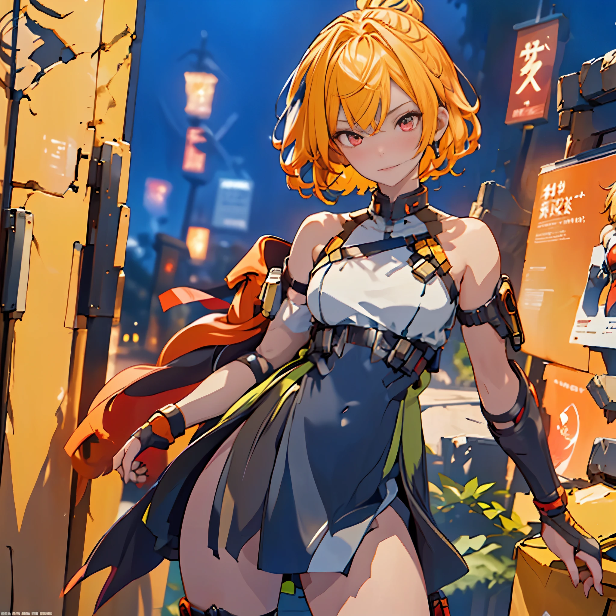 1 girl, tie up hair, short hair, short blond hair, red eyes, innocent smile, black mech armor, cool and sexy face, black thigh knee sock, Sharp face, Yellow ribbon, battlefield, outside, black crown,  standing, ,Fenny Coronet, Shotgun , one person, alone, 1 head, 2 hands, 2 legs , High Res , UHD , 4k , 8k ,The text is bold and eye-catching，With catchy slogans，Adds to the overall drama and excitement。The color palette is dominated by dark colors, poster , magazine cover ，Make the poster dynamic and visually striking，(Magazines:1.3), (Cover-style:1.3)