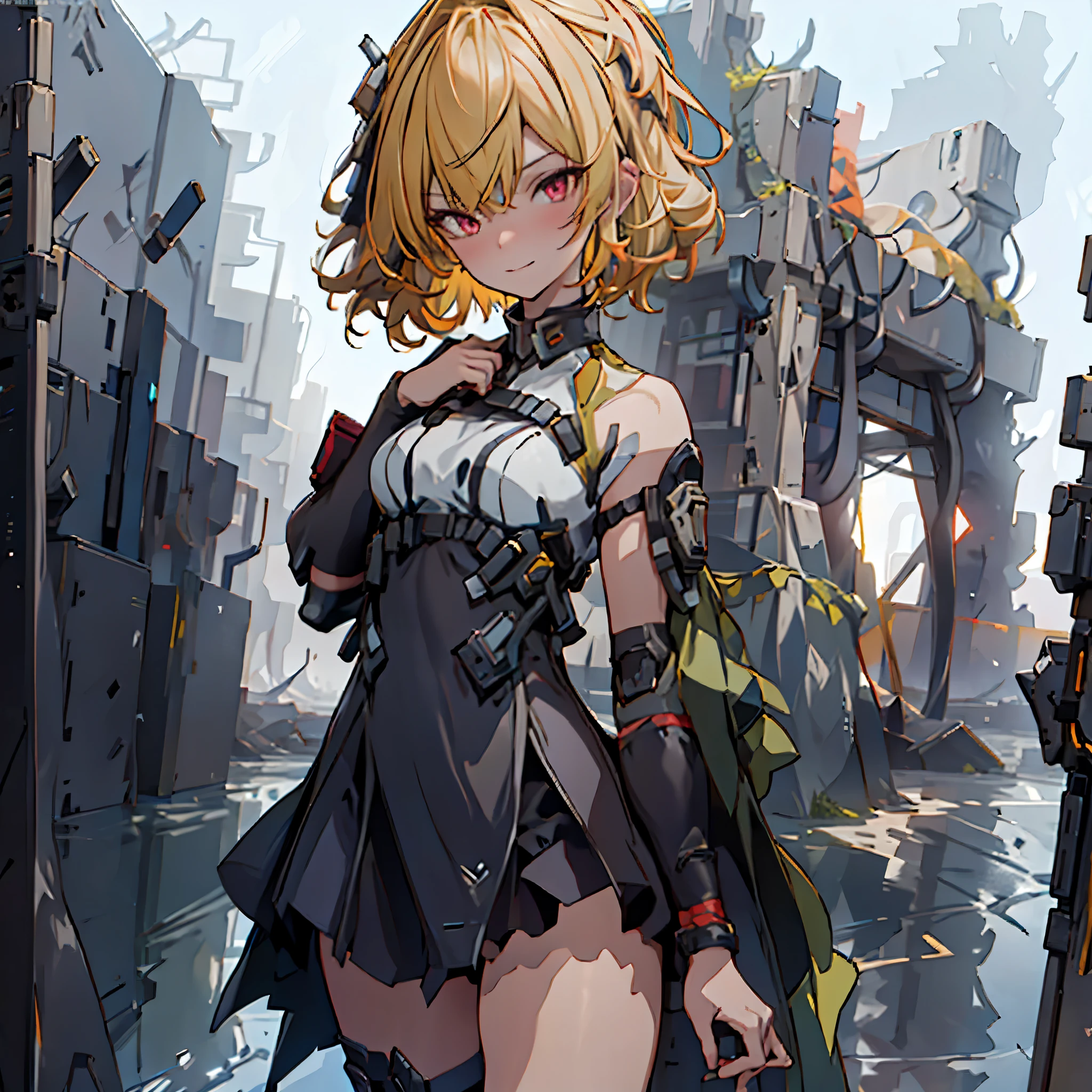 1 girl, tie up hair, short hair, short blond hair, red eyes, innocent smile, black mech armor, cool and sexy face, black thigh knee sock, Sharp face, Yellow ribbon, battlefield, outside, black crown,  standing, ,Fenny Coronet, Shotgun , one person, alone, 1 head, 2 hands, 2 legs , High Res , UHD , 4k , 8k ,The text is bold and eye-catching，With catchy slogans，Adds to the overall drama and excitement。The color palette is dominated by dark colors, poster , magazine cover ，Make the poster dynamic and visually striking，(Magazines:1.3), (Cover-style:1.3)