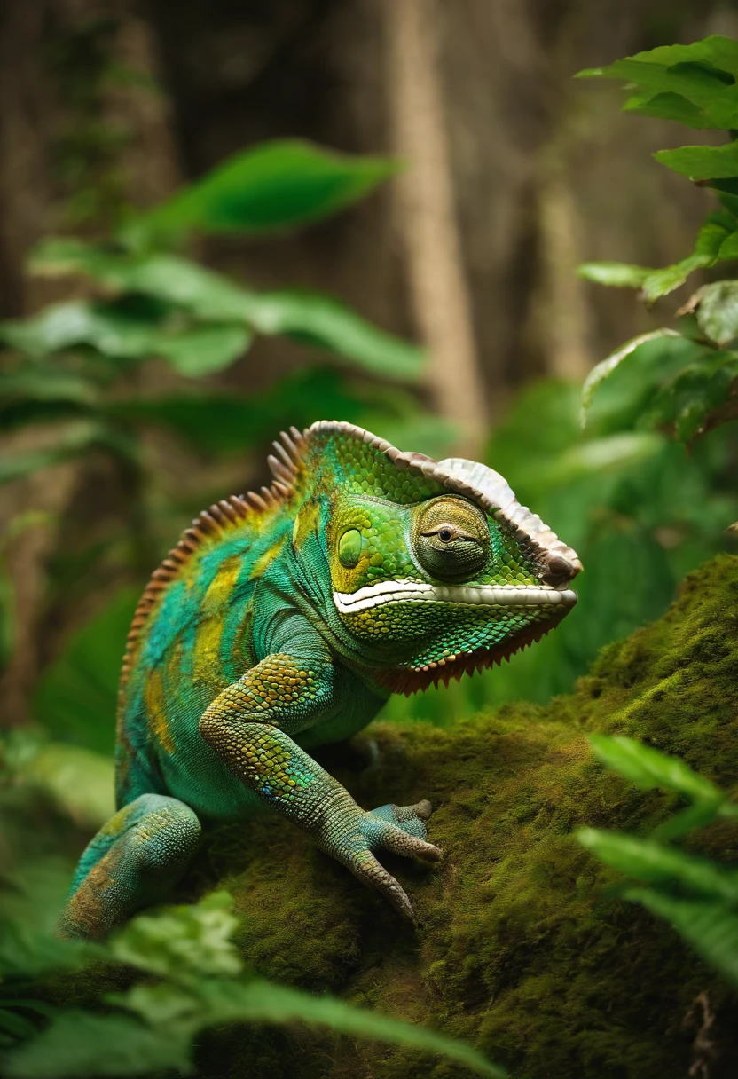 In einem Gebiet mit Astec-Tempeln, a monument of a chameleon, aus quadratischen Steinen, Aztekischer Stil, with overgrown vegetation.