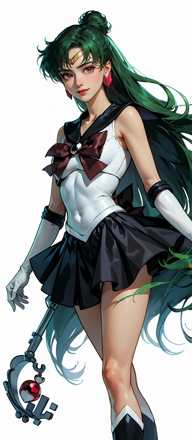 Masterpiece, Best Quality, High Resolution, 1girl, Solo, Ponytail, Green Hair, (Elbow Gloves), Headdress, dark red Bow, Tight Top, (Black Sailor Collar), White Gloves, Earrings, Smile,  white Background, Black Skirt, (Sailor Pluto Uniform), (Sailor Pluto Uniform), standing, looking at the camera, dynamic poses. Leng Jun, White Top, Elbow Gloves, black boot, walking on the floor