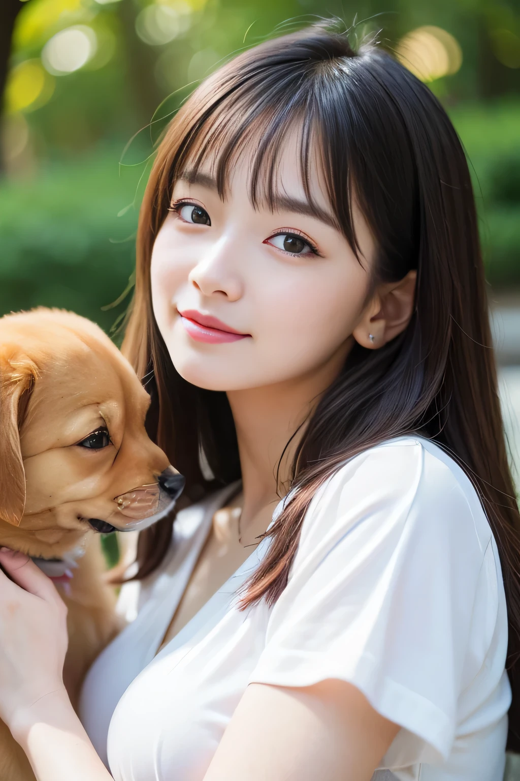 (((best image quality、highest quality、At 32K、ticker、RAW photo、very clear image、very clear image quality、pieces fly, highest quality: 1.4、,dream,the soul shines、Super detailed, figure, close up of breasts, looks slutty, )))、table top, 1 girl, 21 years old, RAW photo, professional photography, portrait, soft light, professional lighting, alone, 笑face, close, face, close, cute, girly, goddess, delicate girl, Neat beauty, Digital single-lens reflex camera, avert your eyes, Frank, Sophisticated, film grain, (目とfaceの詳細:1.0), Medium hair swaying in the wind, bangs, silk blouse、(((Cuddle a puppy、faceの近くに寄せる、笑face)))