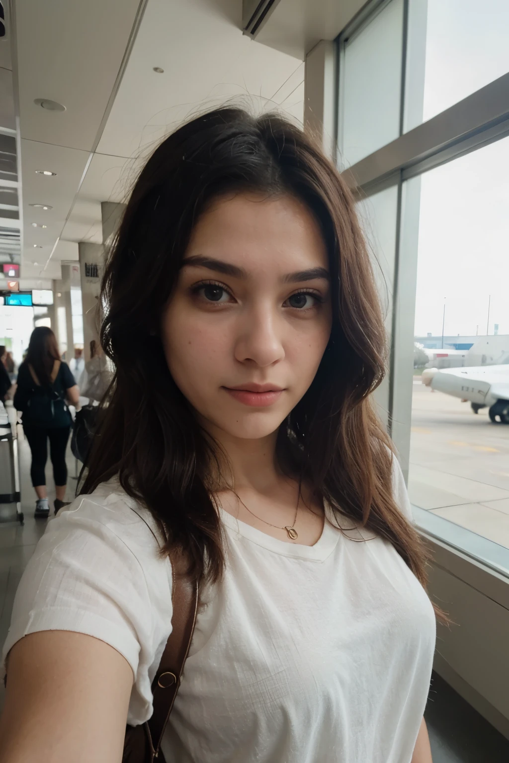 ((best quality)), ((masterpiece)), (detailed), perfect face a beautiful girl taking a selfie in airport and the pic is from her camera
