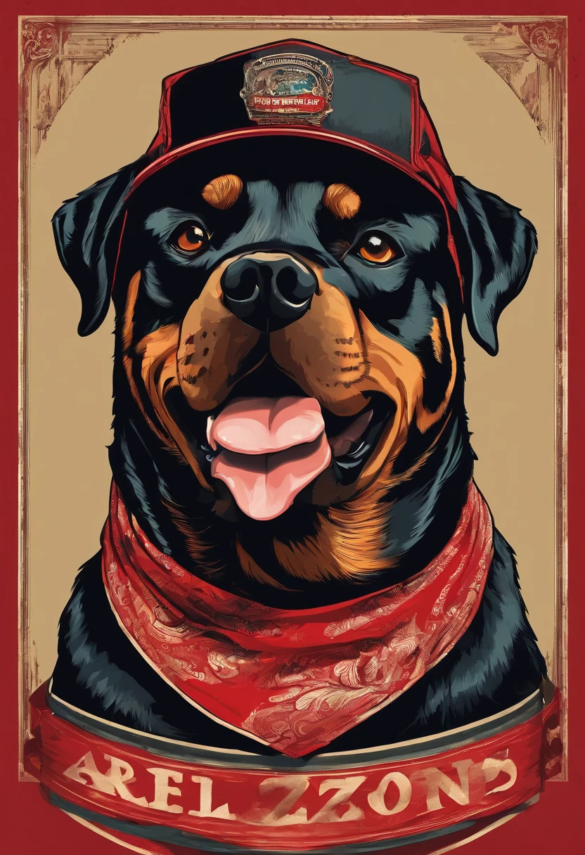 Rottweiler wears a red bandana around his neck, Fashion glasses, Famous brand cap irons and barking open mouth with tongue out, (((cartazes, planfetos, adesivos, propaganda, revista.)))