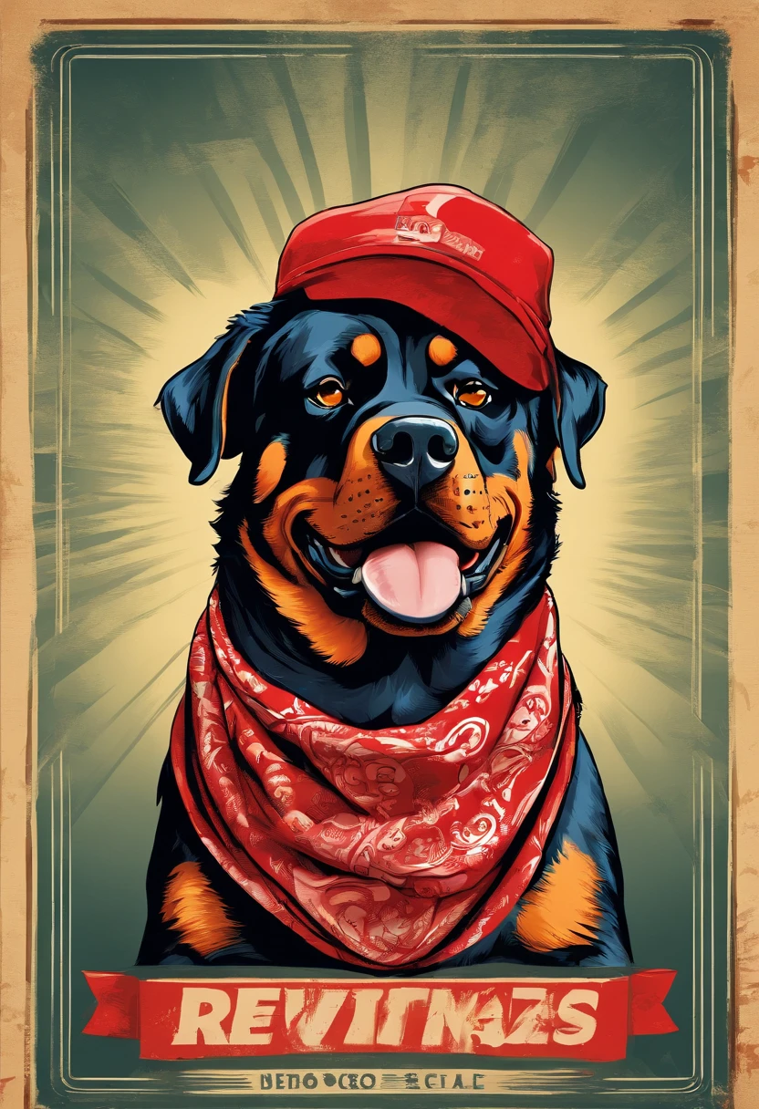 Rottweiler wears a red bandana around his neck, Fashion glasses, Famous brand cap irons and barking open mouth with tongue out, (((cartazes, planfetos, adesivos, propaganda, revista.)))