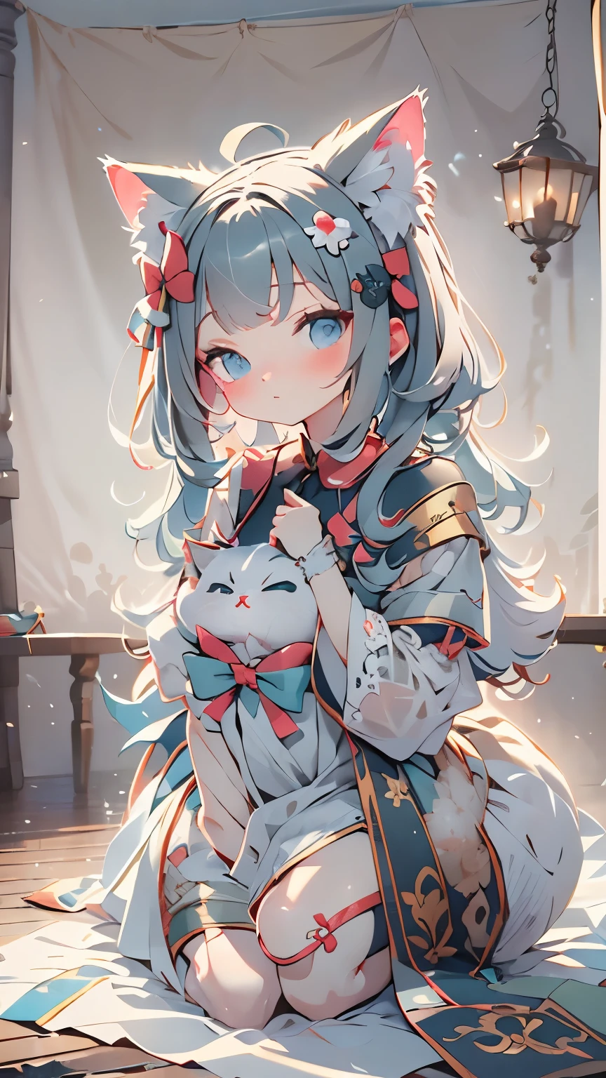 one girl、Gradient hair that changes from red to white、Big ribbon hair ornament、Very cute、Calico cat at my feet、gray simple background、An ennui look、upright、