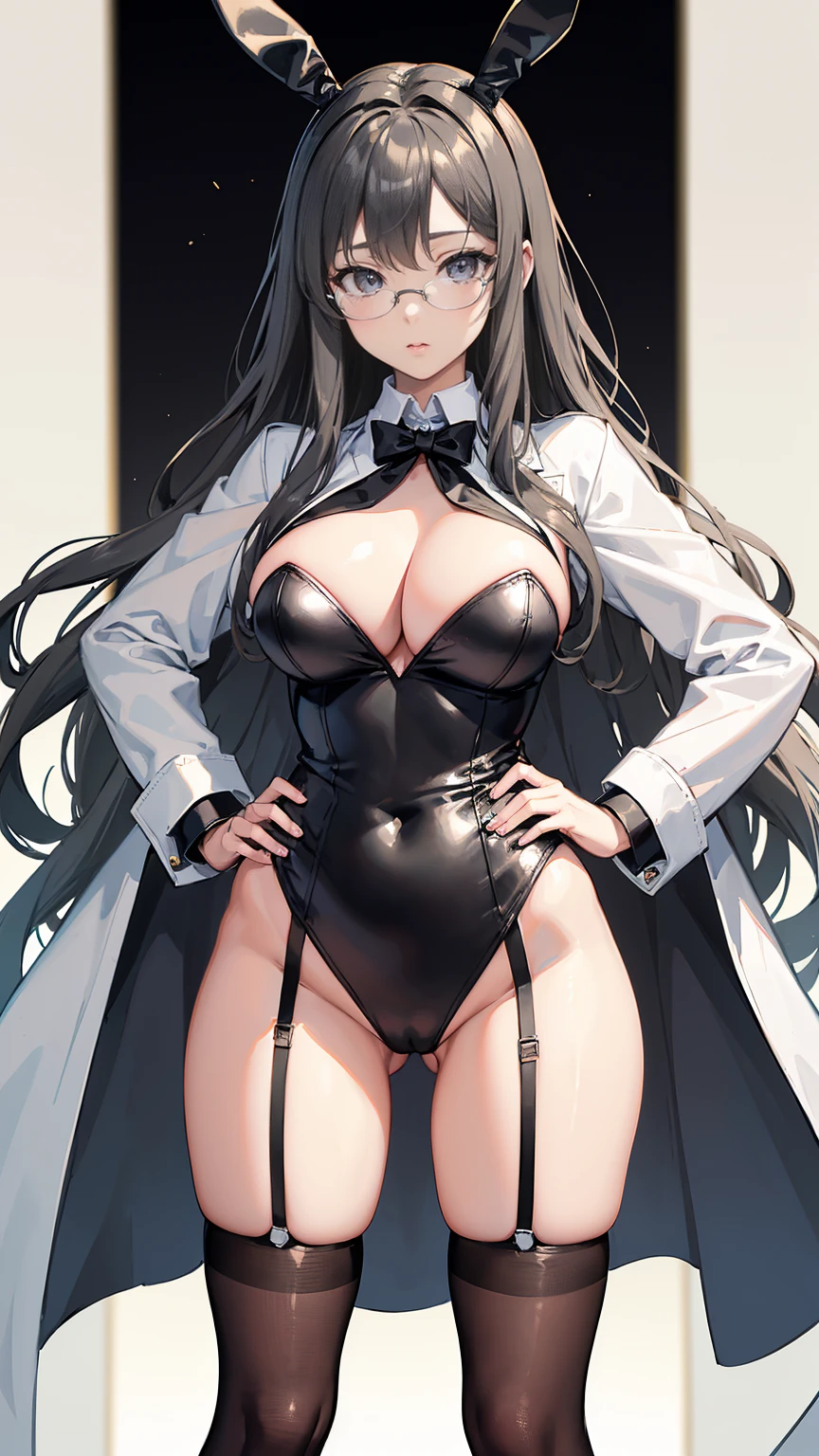 ((masterpiece, high resolution, best quality, best details, anime)), a woman standing in a bunny suit and an open doctor's coat in a doctor's office, white coat, bunny ears, sexy black leotard, ((black stocking)), platform high heels, long hair, light gray hair, gray eyes with black outline, glasses, doctor's office landscape, curvy body,