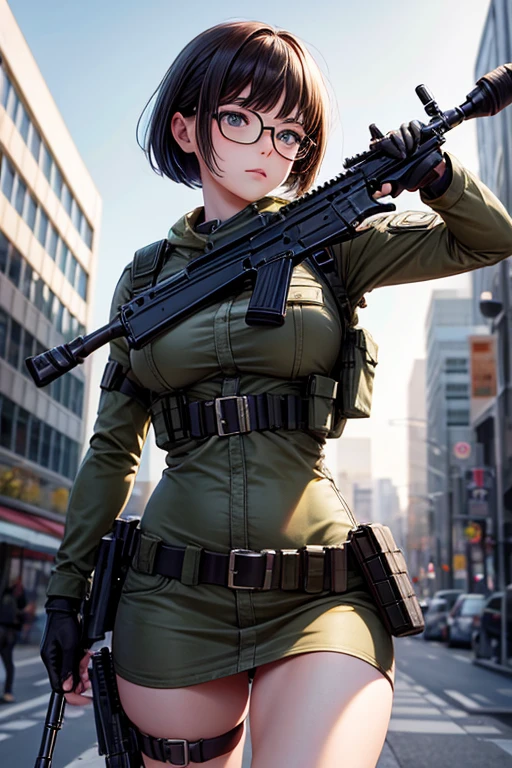((best quality)), (top quality)), (masterpiece), photorealistic, photorealism 16K, (16K), Fujifilm, 1girl full body, in a combat pose, aiming an assault rifle, South Korean city street background, bob haircut, ((Fully Naked)), C-Cup breast ,Highly Detailed, Photorealistic, High Resolution, Detailed Face, Looking directly at the camera, Wearing gloves, Round glasses, assault rifle , Military harness strapped across her shoulders, Fingers concealed by the rifle grip.