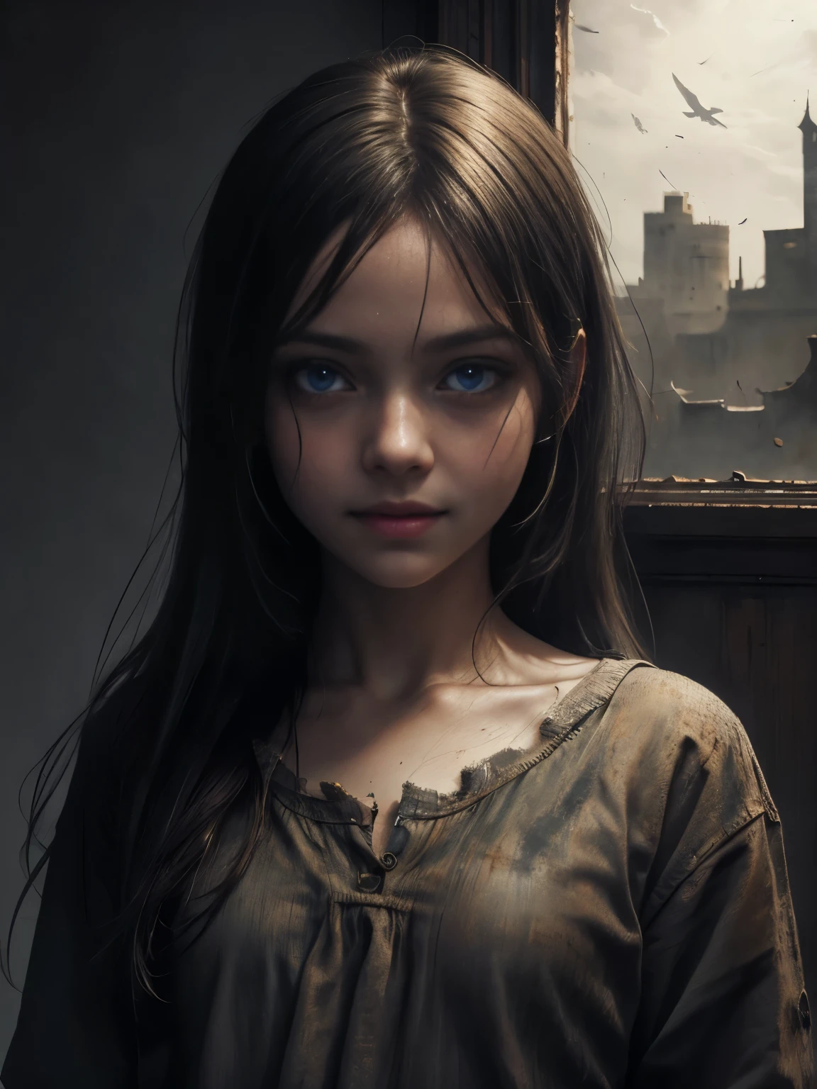 A haunting portrait of a young European girl, blue eyes, poor, happy, smiling, Focus on realism and intricate details to capture the unsettling nature of her appearance. Depict her eyes, dirty skin, and school uniform in vivid and precise detail, using shading and textures to bring the image to life. Upper body shot