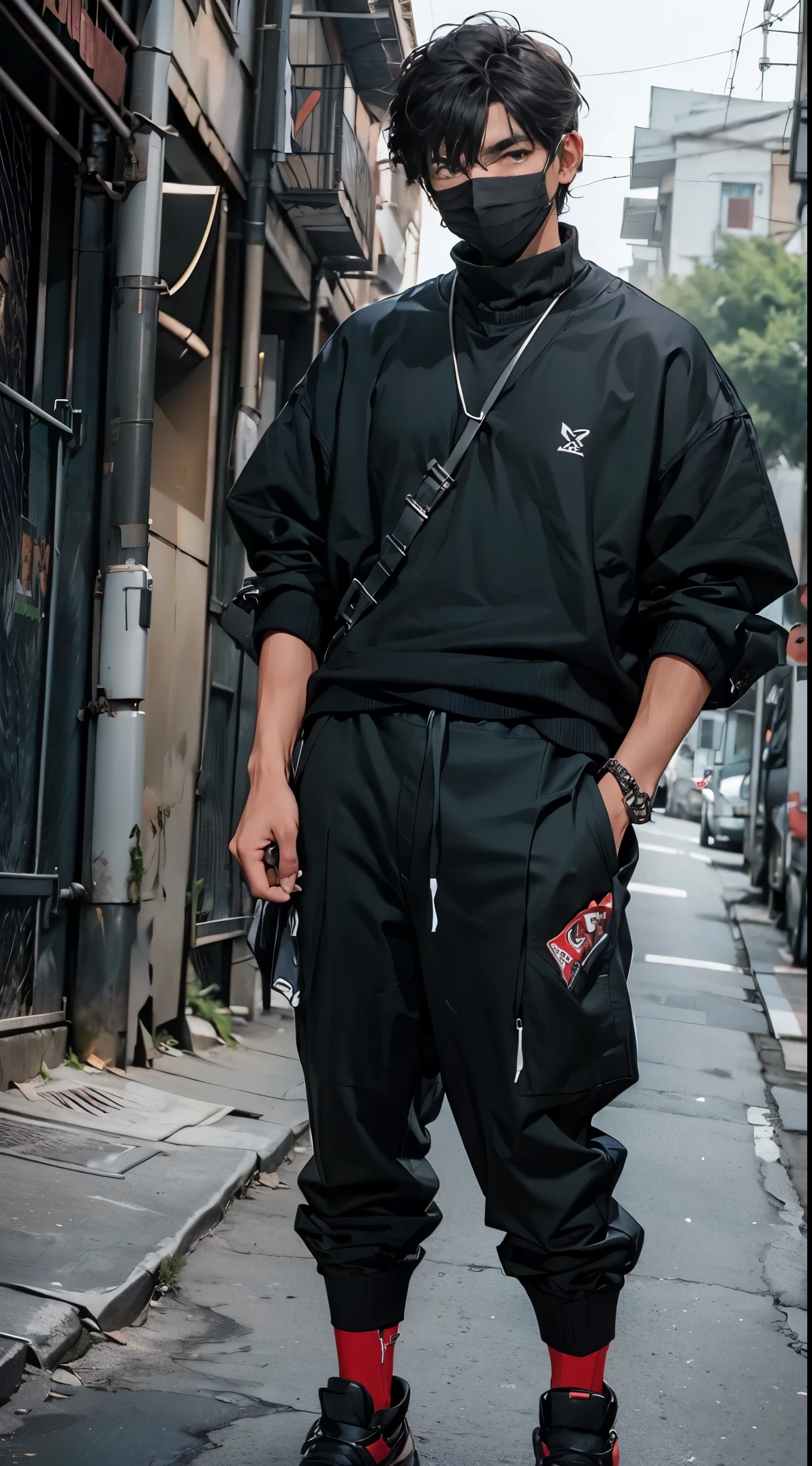 A man wearing a mask in the hills, with hand upping middle finger, full body, cool outfit