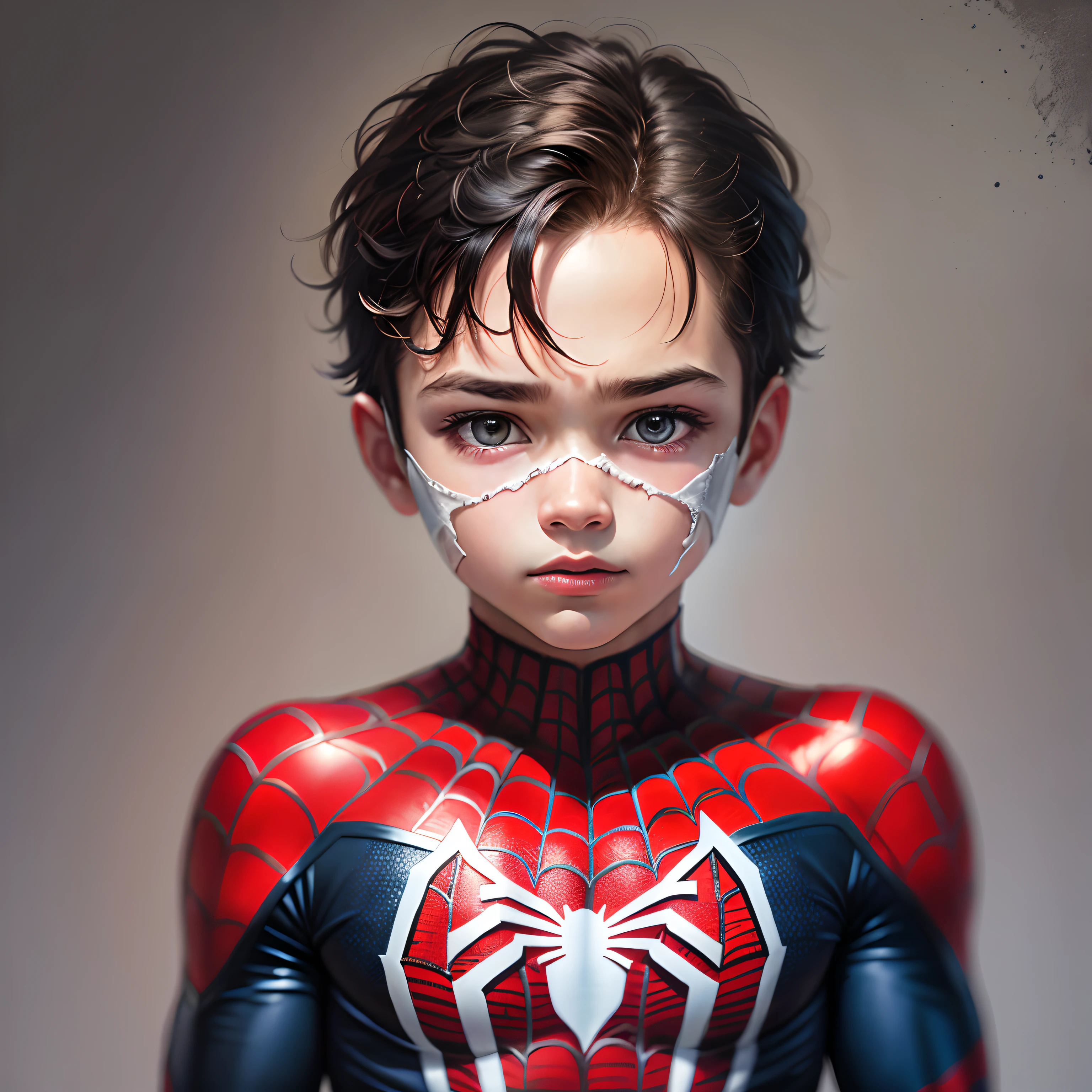 "A man wearing a Spider-Man costume、戴着面具的 6 岁男孩的超写实painting, Morando Sua Rupa de Home Alanya. Impressive accuracy in high-resolution detail. (painting, Face, superhero costume, high quality)"