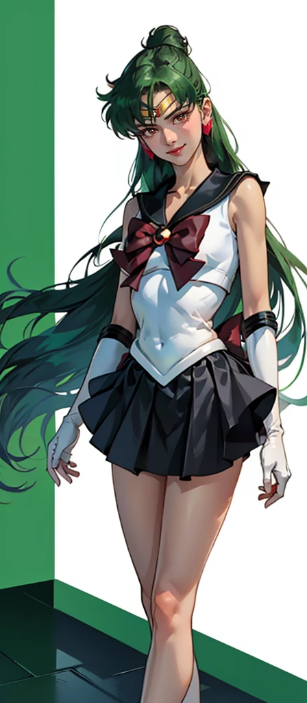 Masterpiece, Best Quality, High Resolution, 1girl, Solo, Ponytail, Green Hair, (Elbow Gloves), Headdress, dark red Bow, Tight Top, (Black Sailor Collar), White Gloves, Earrings, Smile,  white Background, Black Skirt, (Sailor Pluto Uniform), (Sailor Pluto Uniform), standing, looking at the camera, dynamic poses. Leng Jun, White Top, Elbow Gloves, black boot, walking on the floor