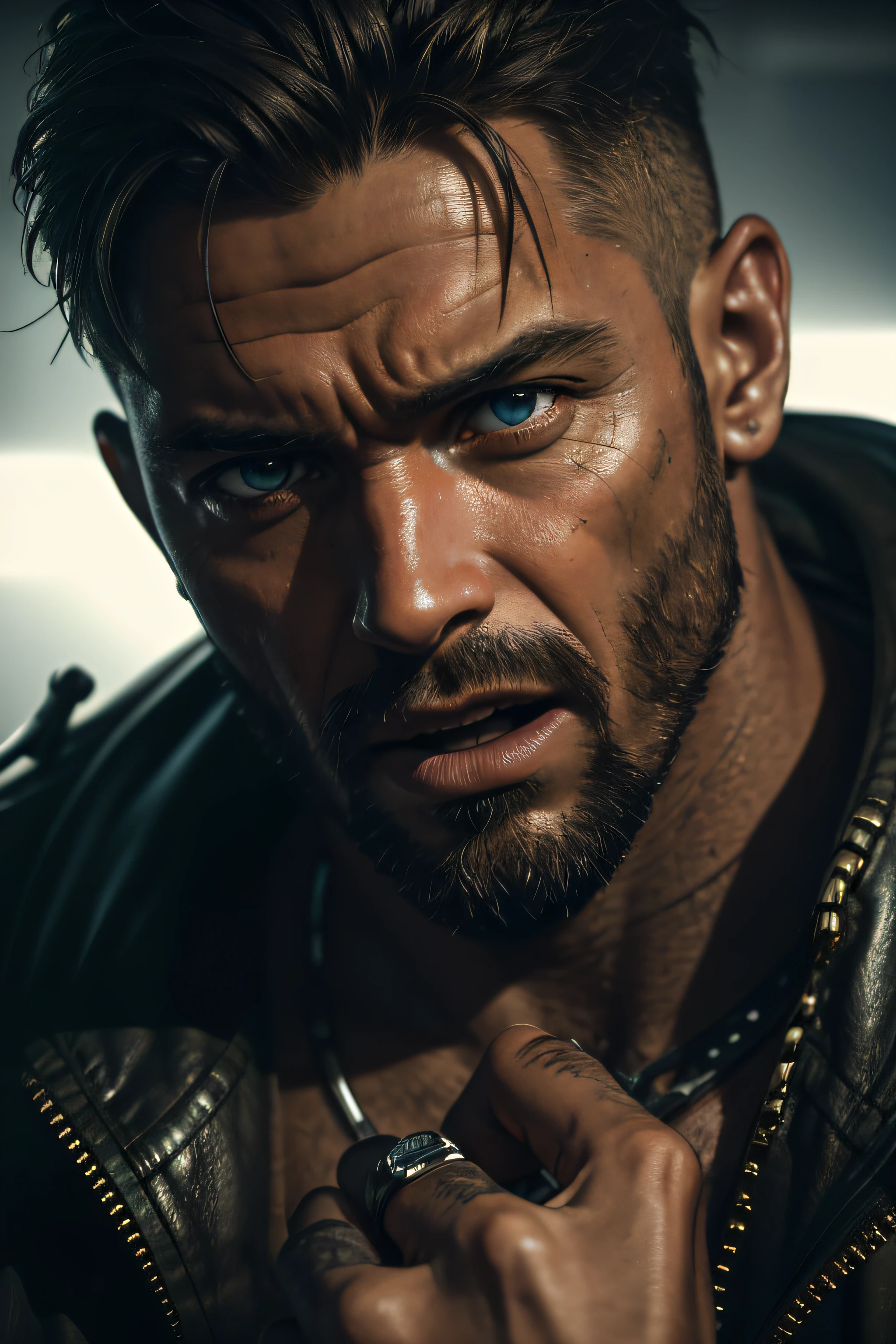 RAW photo, post-apocalyptic, close-up portrait photo of a man looking at his watch, amazed, with his mouth open, looking terrified (highly detailed skin: 1.2), 8k uhd, dslr, soft lighting, high quality, grain film, Fujifilm XT3