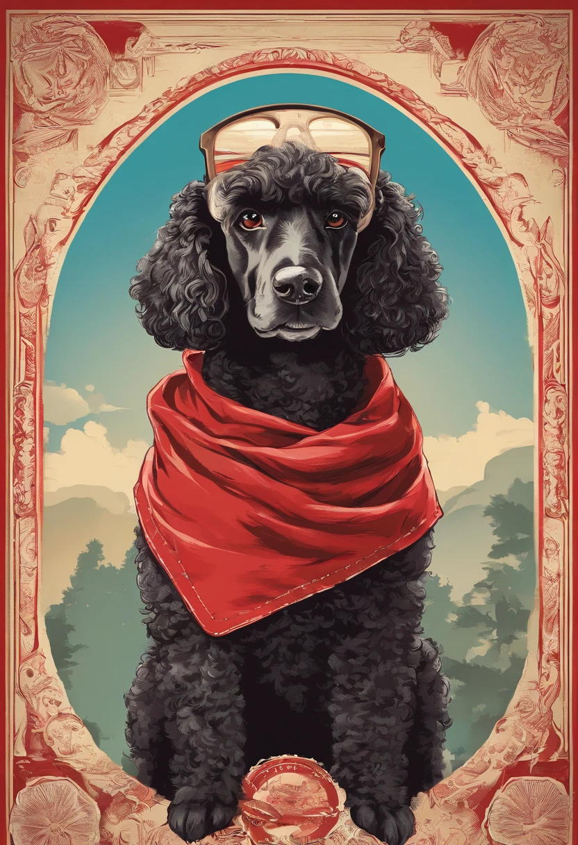 Large poodle groomed, he wears a red bandana around his neck, Fashion glasses, famous brand cap fierce and barking, (((cartazes, planfetos, adesivos, propaganda, revista.)))