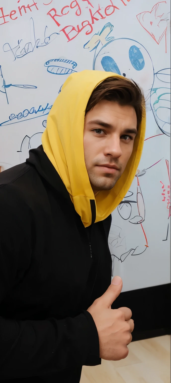 Create a photo realistic man with this face with brown hair, large muscular chest with light hair. wearing a short short showing the bulge of his big dick 