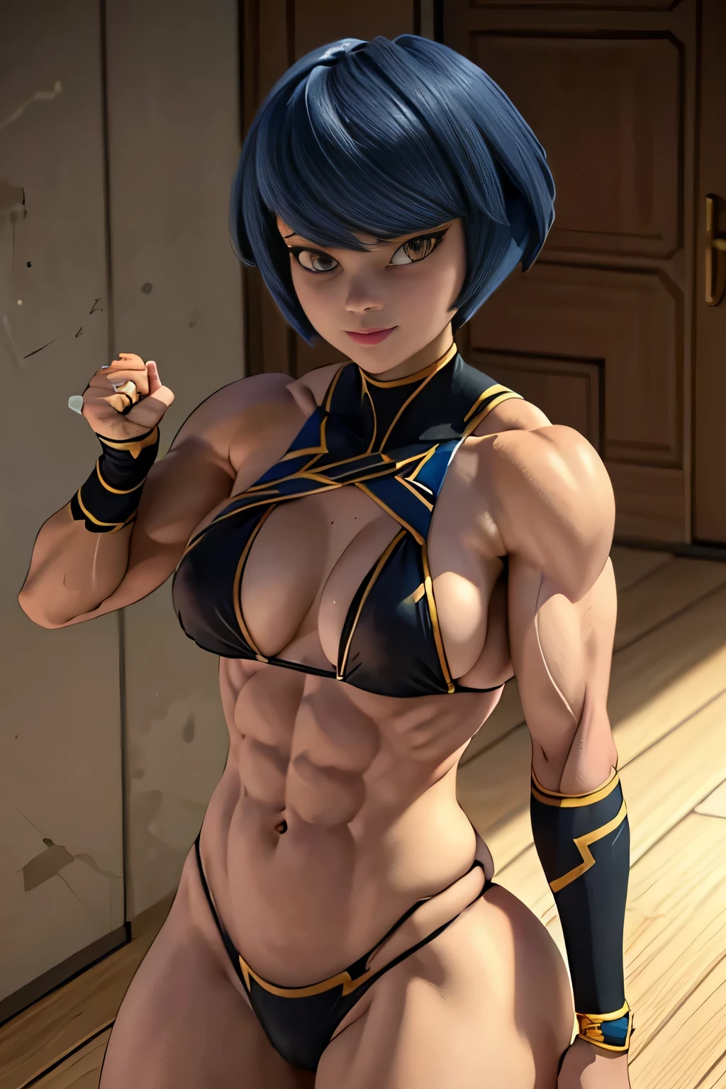 high contrast, (8K UHD:1.2), (photorealistic:1.2),(masterpiece:1.4), (best quality:1.4),extremely detailed wallpaper, highly detailed illustrations, ((1 Girl)) , (super-complex details) official art, unity 8k wallpaper, ultra detailed, beautiful and aesthetic, masterpiece, best quality, ( zentangle, mandala, tangle, entangle), (fractal art:1.3) , masterpiece, , intricate detail,((bulking)),covered body upper body,(body builder:1.7), muscular, bob hair, busty, sexy, curvy, upper , raised hand, armpit, masterpiece, best quality, high quality, high definition, high quality texture, high quality shadow, high detail, beautiful detailed, fine detailed, extremely detailed cg, detailed texture, a realistic representation of the face, realistic, colorful , delicate, cinematic light, side light, Lens Flare, Ray Tracing, tailed beautiful delicate face, detailed beautiful delicate eyes, mature female, long hair, bored, pompadour cut, muscular, toned, navel, ripped abs, thick thighs, broad shoulders, big arm muscles, (meaty leg muscles), thick eyelashes, makeup, (( short blue hair, brown eyes, black bikini..), ((showing her big ass and back thigh's.)) smile.