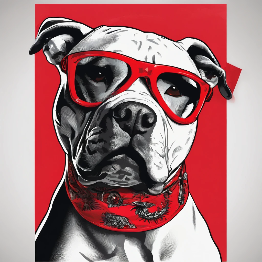 Pitbull, he wears a red bandana around his neck, Fashion glasses, famous brand cap
, (((cartazes, planfetos, adesivos, propaganda, revista.)))