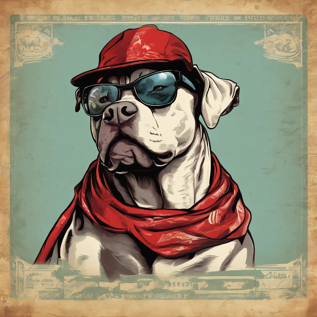  Pitbull, he wears a red bandana around his neck, Fashion glasses, famous brand cap
  , (((cartazes, planfetos, adesivos, propaganda, revista.)))