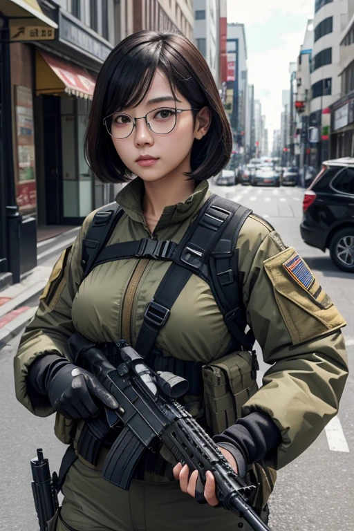 ((best quality)), (top quality)), (masterpiece), photorealistic, photorealism 16K, (16K), Fujifilm, 1girl full body, in a combat pose, aiming an assault rifle, South Korean city street background, bob haircut, ((Fully Naked)), C-Cup breast ,Highly Detailed, Photorealistic, High Resolution, Detailed Face, Looking directly at the camera, Wearing gloves, Round glasses, assault rifle , Military harness strapped across her shoulders, Fingers concealed by the rifle grip.