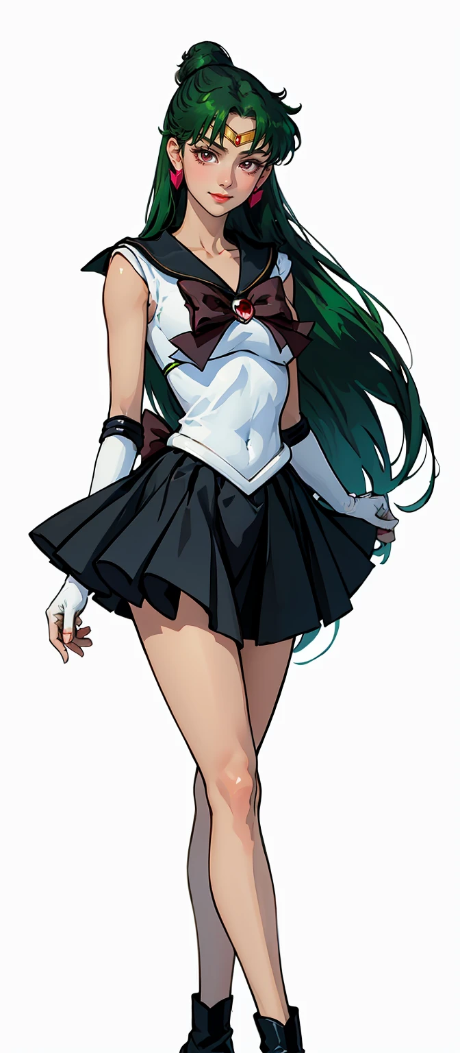 Masterpiece, Best Quality, High Resolution, 1girl, Solo, Ponytail, Green Hair, (Elbow Gloves), Headdress, dark red Bow, Tight Top, (Black Sailor Collar), White Gloves, Earrings, Smile,  white Background, Black Skirt, (Sailor Pluto Uniform), (Sailor Pluto Uniform), standing, looking at the camera, dynamic poses. Leng Jun, White Top, Elbow Gloves, black boot, walking on the floor