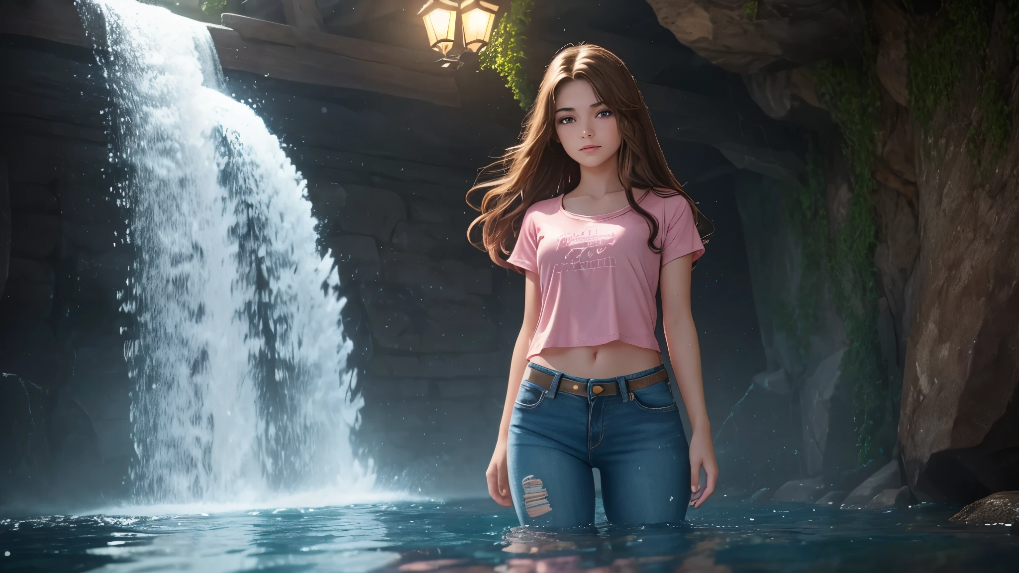 Ultra cute teenager Charlie an 18-year-old girl with long brown hair and wearing a pink top and jeans pants, a water elemental her body is covered in water (full body) sharp focus, maximum quality, 4k, volumetric lights, very detailed, visually rich, best quality, cottage background.