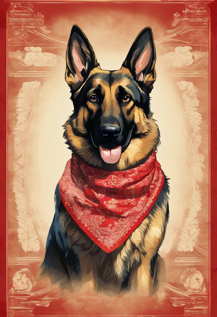 German Shepherd dog, he wears a red bandana around his neck, Fashion glasses, famous brand cap, (((cartazes, planfetos, adesivos, propaganda, revista.)))