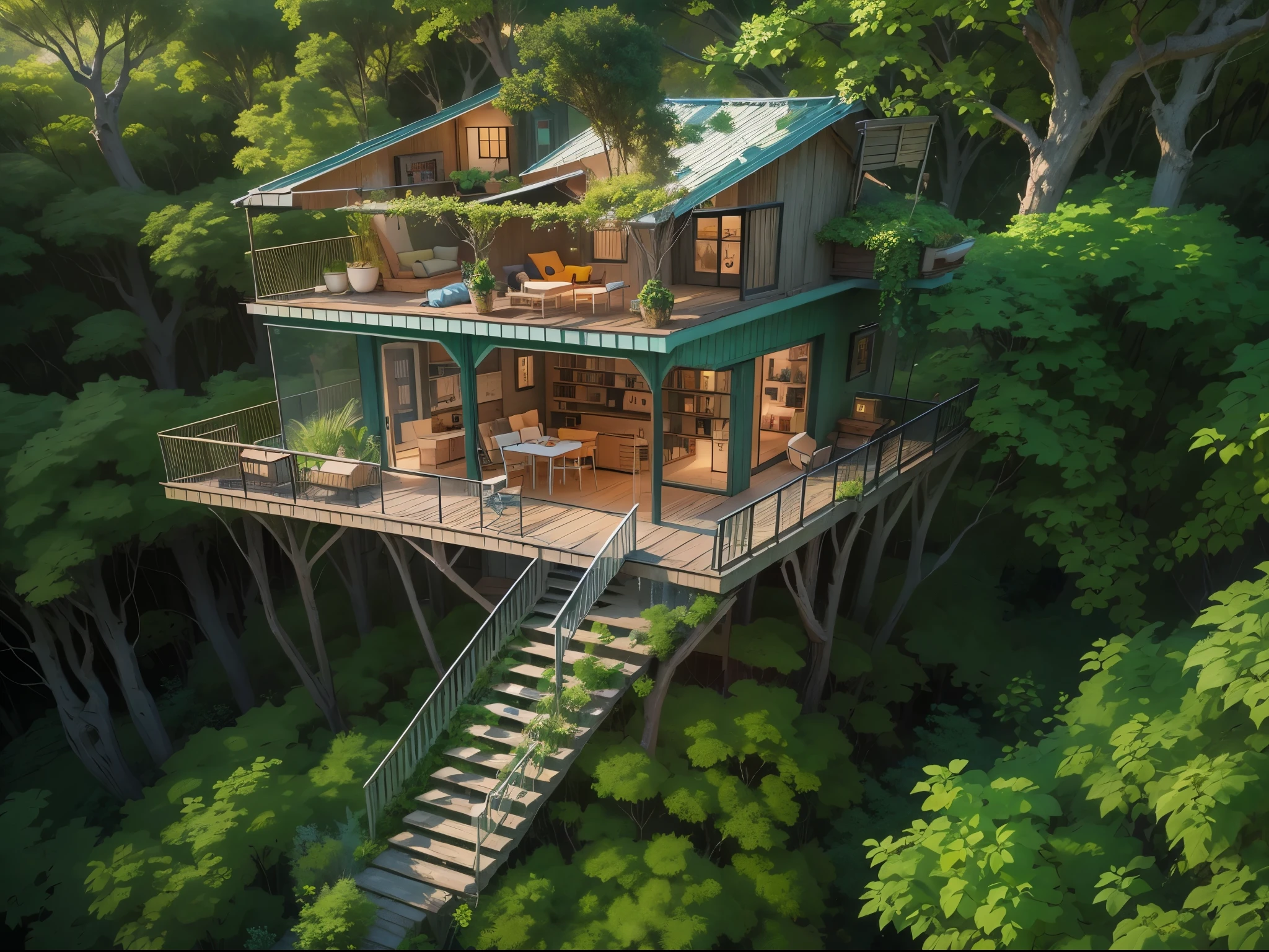 casa aconchegante, high up in a tree, with a glazed balcony from where you can enjoy a beautiful view, like a sunset
The interior would have comfortable and clean furniture, com uma lareira e estante com meus livros favoritos.
As paredes externas e telhado seriam cobertos por plantas, desde trepadeiras a um pequeno jardim. This would bring life to the little house in the tree.
Haveria um deck ao ar livre