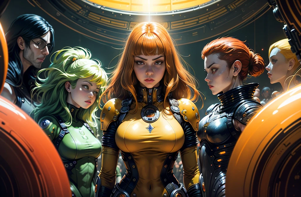 a close up of a woman in a yellow outfit standing in front of a group of people, les edwards poster art, 1970’s science fiction art, pixiv front-page, inspired by Didier Mouron, barbarella, hyper maximalist, orange hue, the style of wlop, heavy metal album cover, female protagonist
