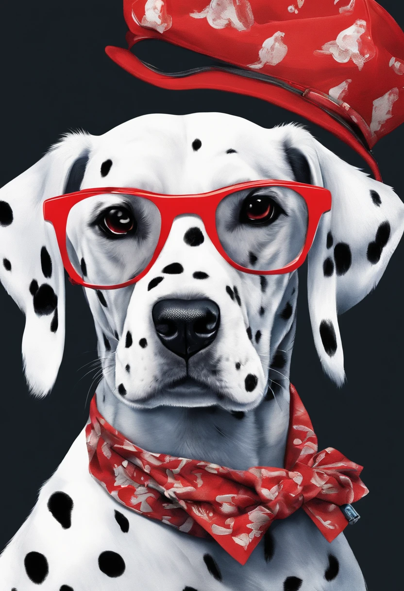 dalmatian puppy, he wears a red bandana around his neck, Fashion glasses, famous brand cap
,(( cartazes, planfetos, adesivos, propaganda, capa de revista, dynamic art, fundo em aquarela colorido))