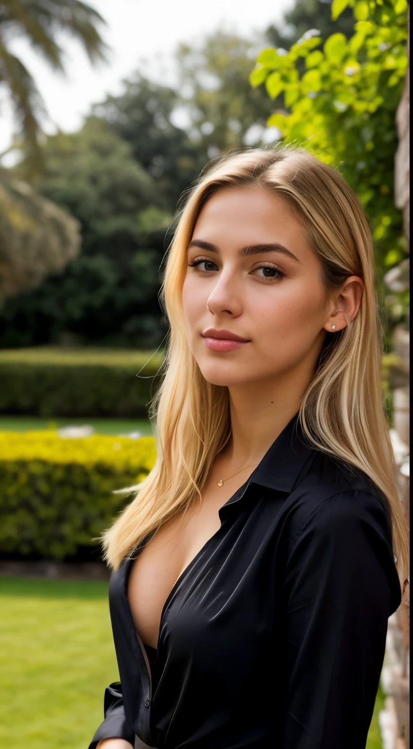 A 23-year-old blonde woman, ((pechos grandes)), ((hiperrealismo)) ,. blonde hair with light brown roots. cabello rubio, Hair with brown roots, cabello extra largo, cabello muy largo, really long hair, Beautiful, Front view, selfie, photo taken with iPhone, elegant black shirt with escote, escotada, selfie in the garden, high quality, selfie iPhone, cleavage