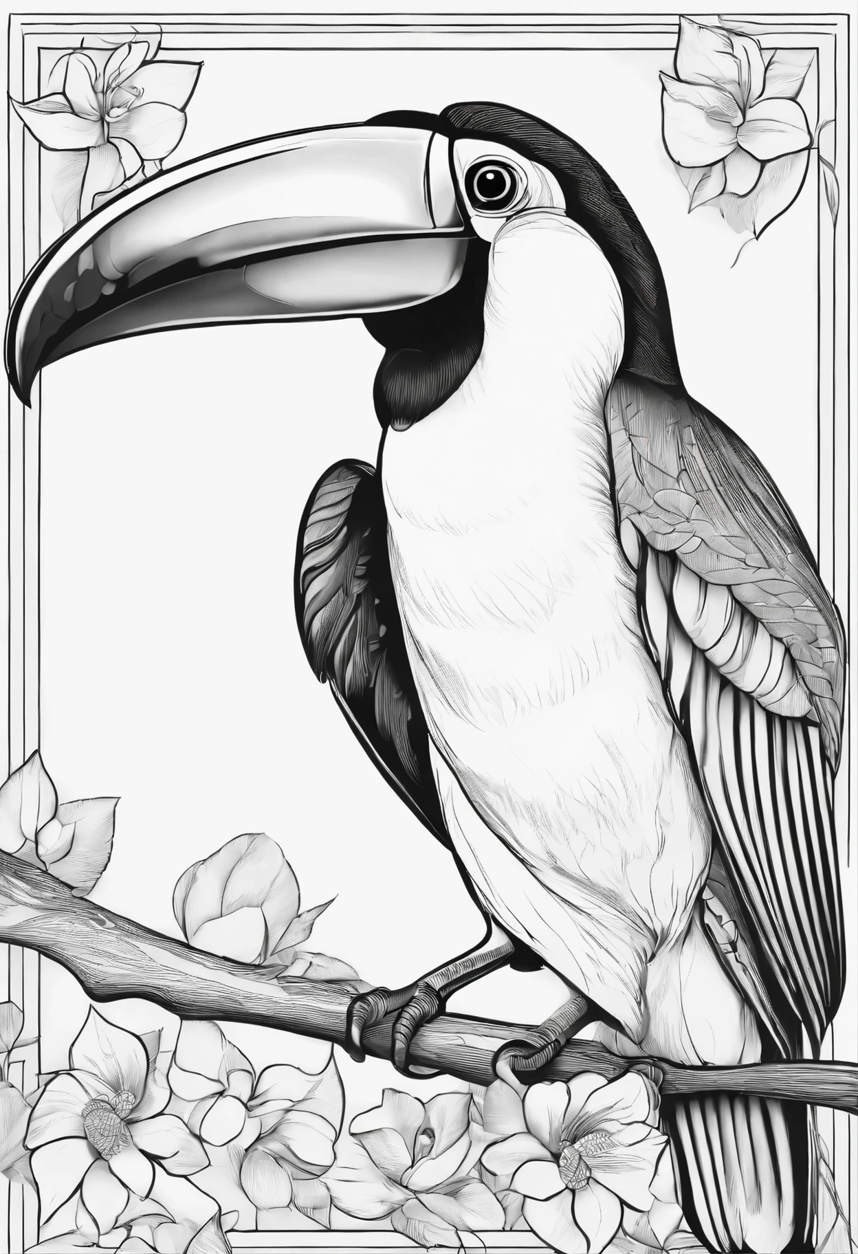 Generate black and white coloring pages of cute cartoon-style Toucan no color with low detail, no shading, no shadows, no background, and no borders.
