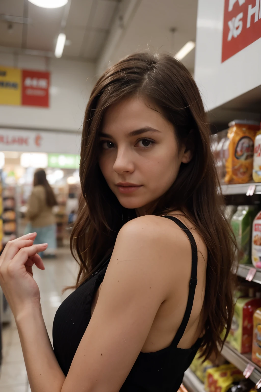 Lily Collins in a supermarket completely naked and smiling